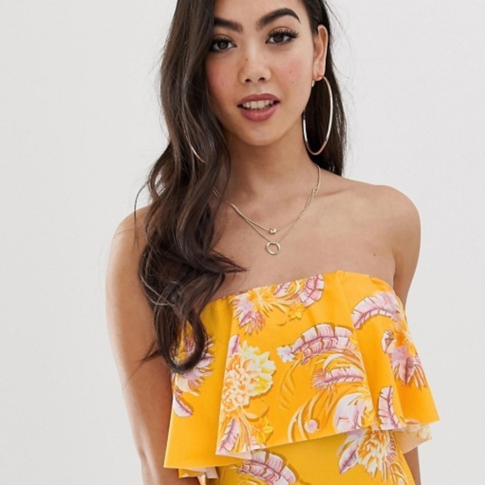 Minimal Frill Bandeau Swimsuit in Orange Floral.